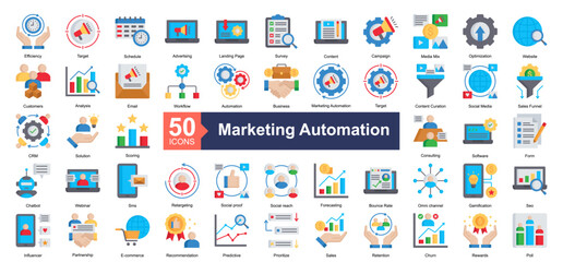 Marketing Automation Icon Collection Set.Containing Efficiency, Target, Schedule, Advertising, Landing Page, Survey, Content, Campaign icon. Simple flat style Vector Illustration.	