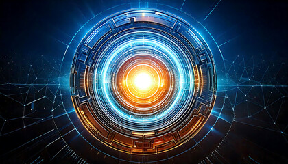Stunning futuristic circular tech design. Glowing blue and orange hues create a dynamic, high-tech aesthetic perfect for websites, presentations, or sci-fi projects.