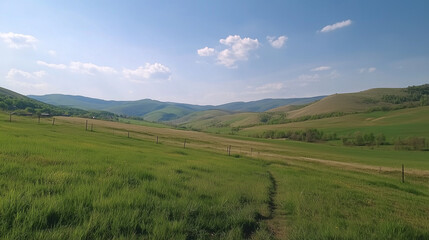 Naklejka premium Panoramic Countryside with Rolling Green Hills and Bright Sunny Fields in a Tranquil Rural Landscape