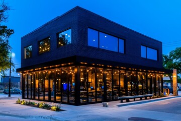Modern Restaurant Building Exterior at Dusk - A sleek, modern restaurant building with large windows and outdoor seating, illuminated at dusk.