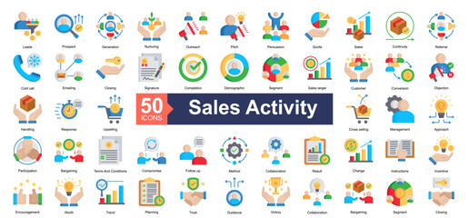 Fototapeta premium Sales Activity Icon Collection Set.Containing Leads, Prospect, Generation, Nurturing, Outreach, Pitch, Persuasion, Quota icon. Simple flat style Vector Illustration. 