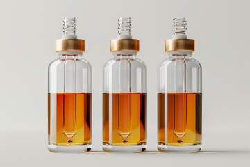 Three amber glass dropper bottles containing essential oil with golden caps on a white background