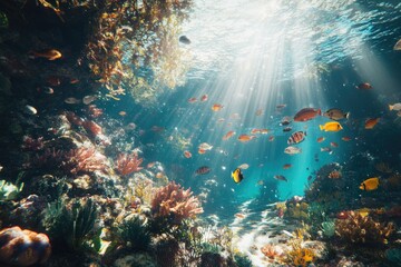 Obraz premium Vibrant underwater scene with colorful fish and radiant sunlight