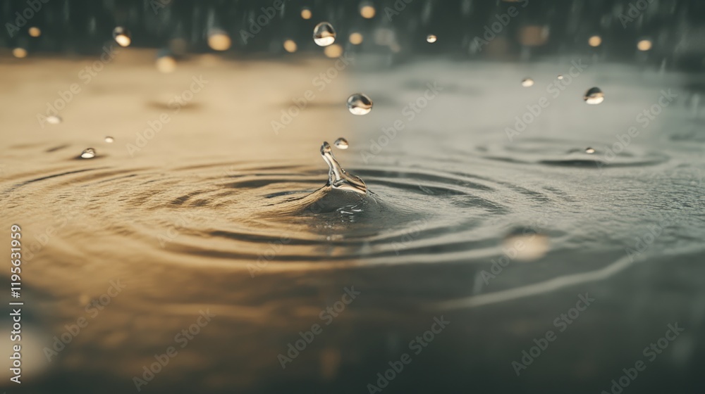 Poster rain is falling on a rippled water surface, creating concentric circles and droplets splashing, with