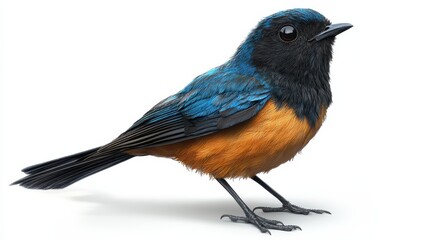 Fototapeta premium Colorful small bird with blue and orange plumage in profile view