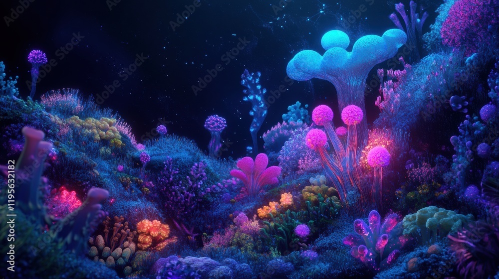 Fototapete richly colored microscopic ecosystem showcasing friendly microbes thriving in a vibrant underwater e