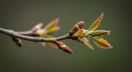 Emerging spring buds on tree branch against blurred green background