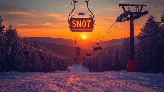 Ski lift at sunset over snow-covered mountain peaks.