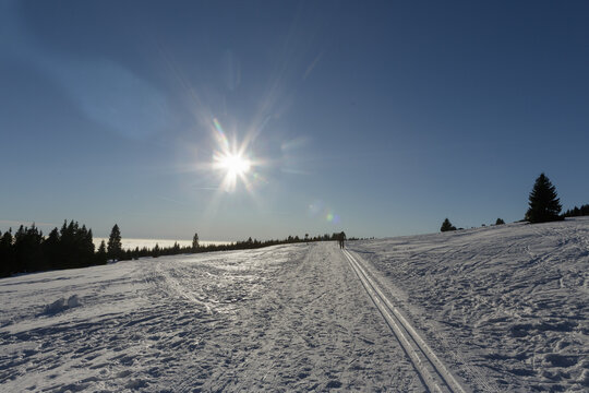 Cross-country skiing trail in the mountains