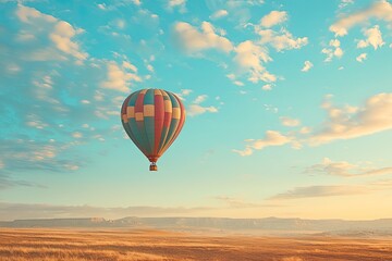 Obraz premium Colorful hot air balloon floats gracefully over vast, serene lan