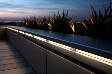 Integrated led strip lights create a warm ambiance in a contemporary rooftop garden during twilight