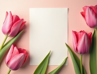 Composition with blank card and beautiful flowers tulip on colored background. top view with space for you design