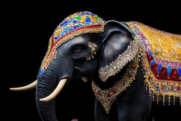 Naklejka premium Ornate Elephant Statue - A majestic black elephant statue adorned with colorful jewels and gold accents, isolated on a black background.