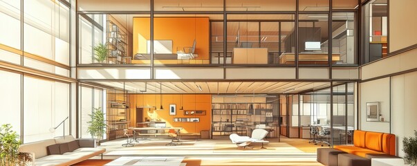 Modern office interior with open workspace and glass walls