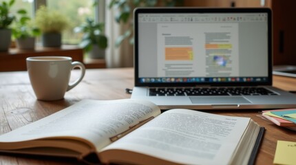 Cozy Home Office of a Translator with Tea and Open Book