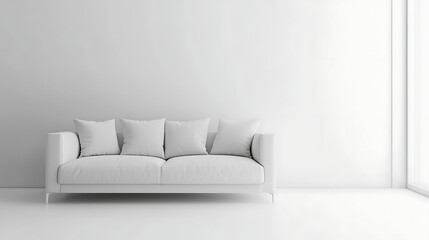 A white couch sits in a white room with a window