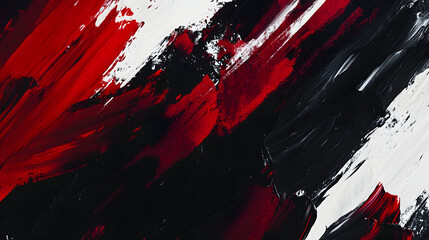 An abstract composition featuring layers of bold brushstrokes in deep red and black, contrasted by white accents and textured details to create a dramatic visual impact 