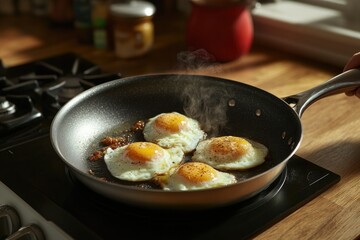 Golden yolks sizzle in skillet, steam rising, showcasing cozy ki