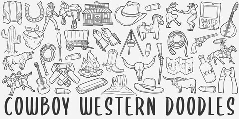 Cowboy Doodle Icons. Hand Made Line Art. Western Clipart Logotype Symbol Design.