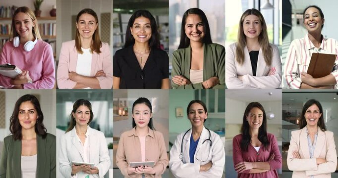 Collage view group of beautiful multinational professional women posing at workplaces, smiling, looking at camera, radiate professionalism, achievements and success. Independence, career and education