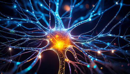 Stunning abstract image of a neuron, glowing with vibrant blue and orange hues.  Perfect for medical, science, technology, or AI concepts.