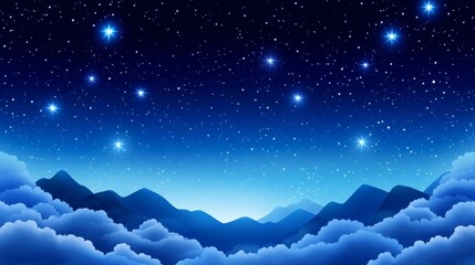 Obraz premium Serene Night Sky Over Mountains - A breathtaking view of a starlit night sky above a majestic mountain range, partially obscured by fluffy clouds.
