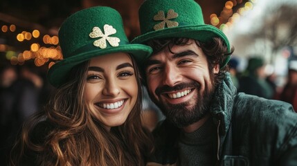 A cheerful couple celebrating St. Patrick's Day in festive green attire. Perfect for holiday promotions, cultural events, and festive celebration themes.