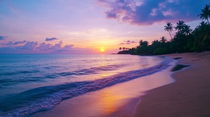 Serene Sunset Lighthouse Beach - Peaceful sunset over a tranquil beach, lighthouse silhouette, palm trees, ocean waves. Symbolizing serenity, peace, hope, escape, and tranquility.