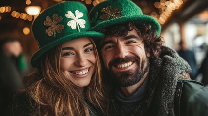 A cheerful couple celebrating St. Patrick's Day in festive green attire. Perfect for holiday promotions, cultural events, and festive celebration themes.