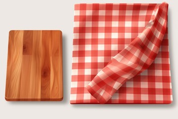 Obraz premium Wooden cutting board and folded red and white checkered tablecloth on a white background, ready for food preparation