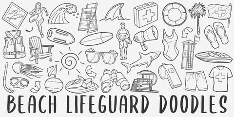 Lifeguard Doodle Icons Black and White Line Art. Bay Clipart Hand Drawn Symbol Design.