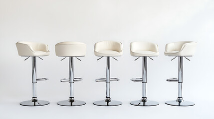 Five white stools are lined up next to each other