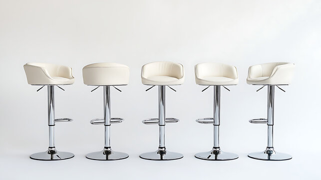 Five white stools are lined up next to each other - Powered by Adobe