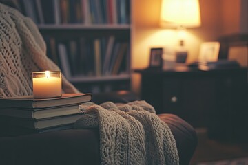 Cozy reading nook with warm light, soft blanket, and flickering