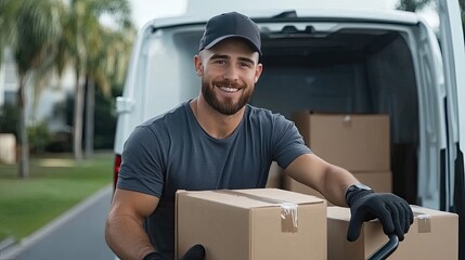 Worker transporting cardboard boxes using a hand truck to a white van parked in a busy warehouse setting.