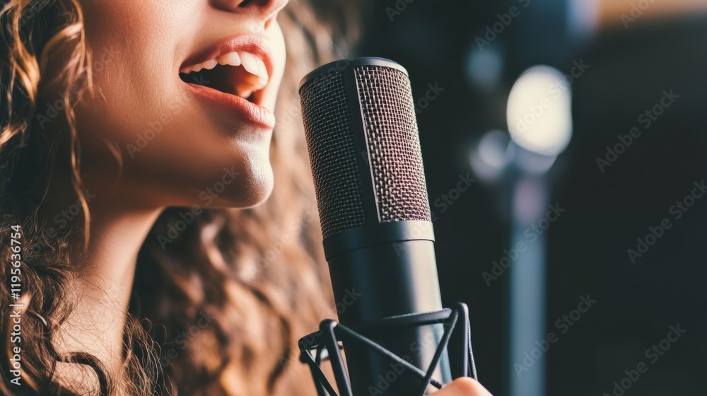 Poster close up of female singer singing into a professional microphone during a recording session or live 