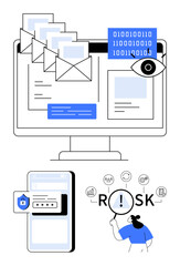 Envelopes, binary code, eye symbol on screen, password entry on a phone, and a person examining risk icons. Ideal for data security, risk analysis, online threats, encryption technology privacy