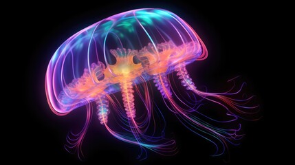 Fototapeta premium Glowing Jellyfish: Dark Background & Iridescent Colors. Neon Animal Isolated by Psychic Waves Using Generative AI Technology