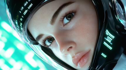Futuristic Astronaut With a High-Tech Helmet Focuses on Vibrant Digital Displays in a Space Environment During an Exploration Mission