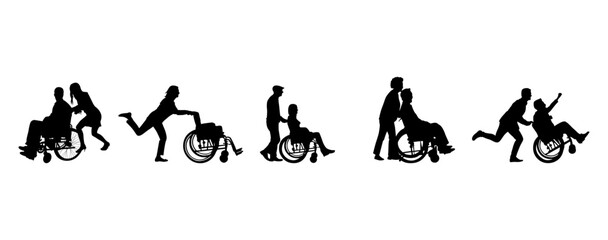 Obraz premium Couple in wheelchair vector silhouette set