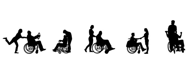 Couple in wheelchair vector silhouette set