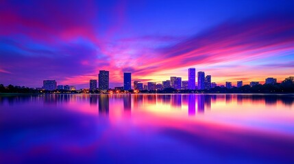 Vibrant City Skyline at Dusk - A stunning cityscape reflected in calm water at sunset.  Symbolizing peace, beauty, urban life, tranquility, and vibrant energy.
