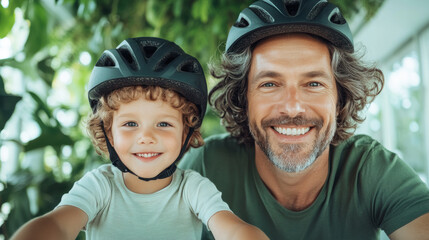 Father and Son Bonding While Preparing for a Fun Bike Ride Together, Showcasing Joy and Connection in a Vibrant Green Setting During a Sunny Day