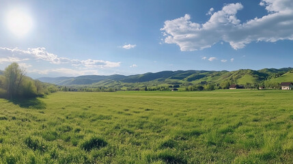 Fototapeta premium Panoramic Countryside with Rolling Green Hills and Bright Sunny Fields in a Tranquil Rural Landscape