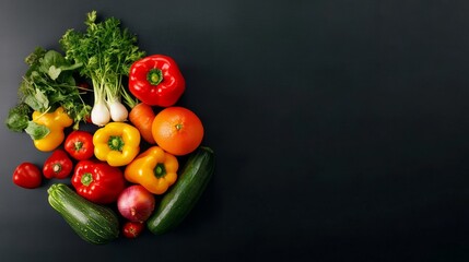 Vibrant Vegetable and Fruit Abundance - A colorful array of fresh vegetables and fruit, including peppers, zucchini, and a grapefruit, arranged on a dark background.  Healthy eating concept.