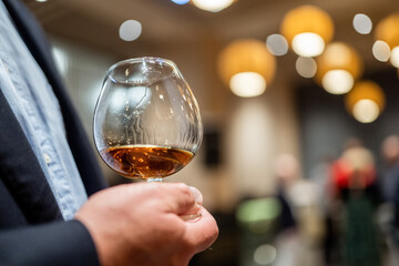 A person holding a glass of whiskey in a blurred, elegant indoor setting, creating a warm and sophisticated ambiance.