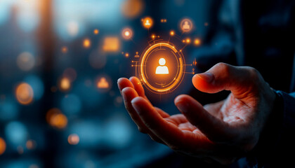 Hands Hovering Over Holographic AI Interface