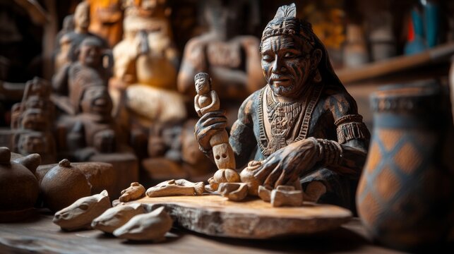 An intricate wooden sculpture of a craftsman creating small figures. This artwork tells a story of artistry and tradition. A unique focus on cultural craftsmanship. Generative AI