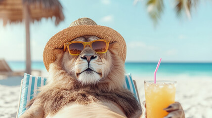 Funny and Cute Lion Lounging on the Beach Sipping a Tropical Drink Under the Sun