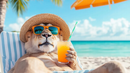 Funny Cute Lion Relaxing on the Beach With a Drink on a Sunny Day